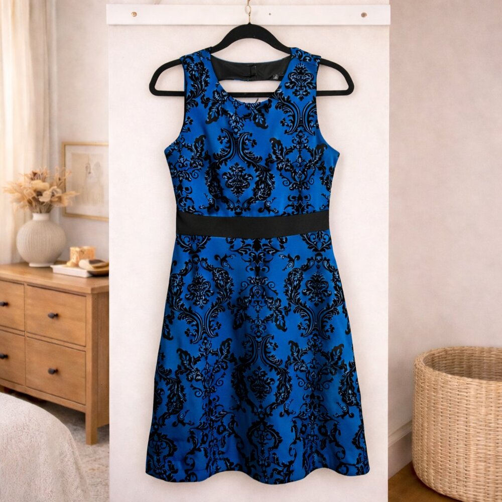 Neiman Marcus Blue Black Damask Fit & Flare Cocktail Dress Size 6